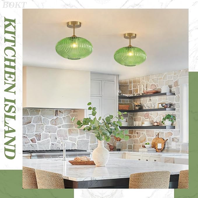 BOKT 9.8 Inch Glass Flush Mount Light Fixture Green Modern Flush Mount Ceiling Light 2 Pack Ceiling Light Brushed Brass Vintage Ceiling Lamp Schoolhouse Pendant Hallway Light Fixtures