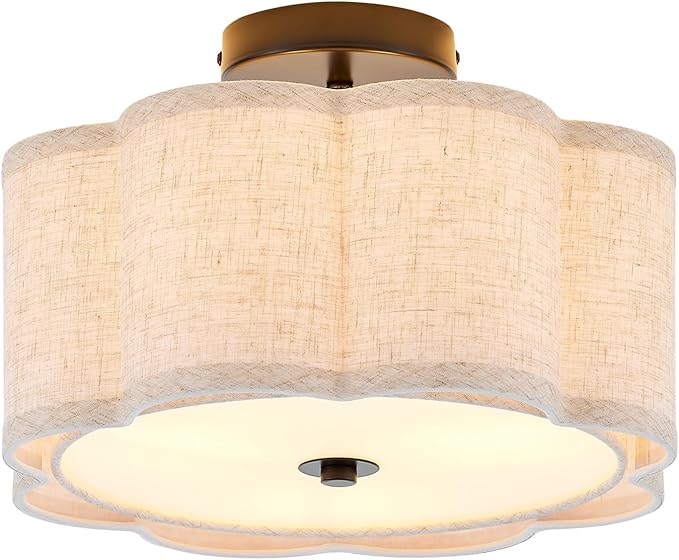 Semi Flush Mount Ceiling Light, Beige Linen Fabric Shade Ceiling Light, Black Modern Farmhouse Close to Ceiling Light for Bedroom, Hallway, Living Room, Dining Room, Laundry Room