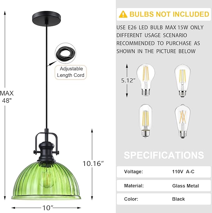 Leading Lighting 1 Light Pendant Light Hanging Modern Farmhouse Indoor Fixture 10" Green Textured Glass Black Finish Dinning Over Sink Kitchen Island