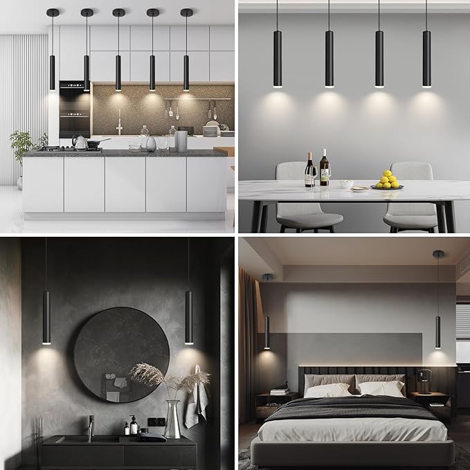 Modern Black Pendant Light Fixture for Kitchen Island, 1-Light Pendant Lighting, Lights Cord Adjustable, Matching GU10 lamp Holder,for Living Room Bedroom Dining Room(Wide Beam Angle)(3 Pack)