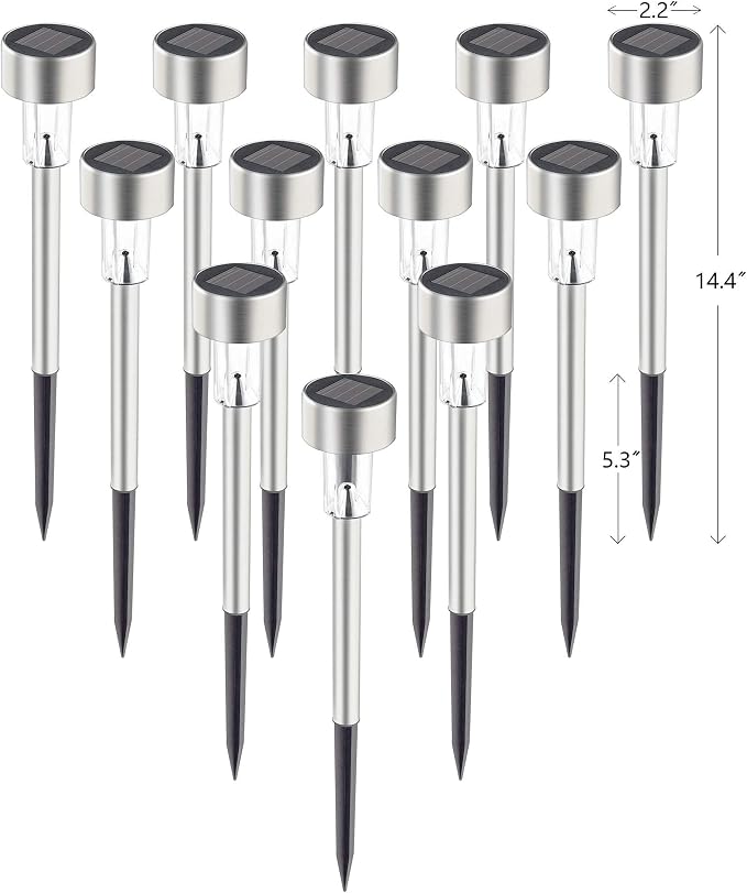 GIGALUMI Solar Pathway Lights, Stainless Steel IP44 Waterproof Auto On/Off Outdoor LED Solar Landscape Lights for Garden, Yard, Patio, Path and Walkway(12 Pack, Cold White)