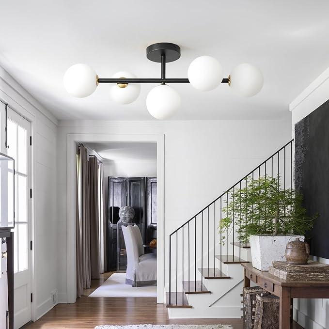 Globe Milk Glass Ceiling Light: Black 5 Lights Semi Flush Mount Ceiling Light - Linear Century Modern Lighting Fixture - 27 Inch Brass Glass Lights with Sphere Shade for Bedroom Living Room Hallway