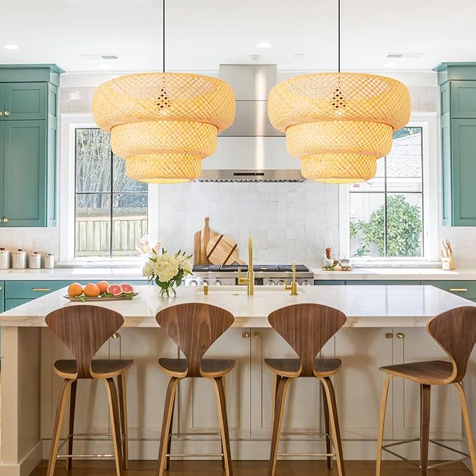 18.5" Bamboo Pendant Light,Boho Rattan Hanging Light 3-Tier Hand Woven Wicker Chandelier for Kitchen Island for Kitchen Island Dining Bedroom Living Room Restaurants