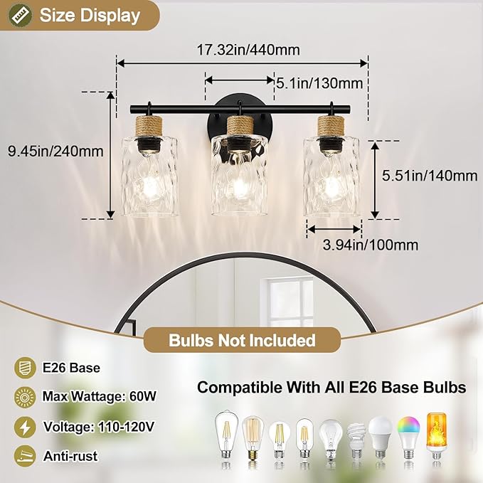 MOKATNG Bathroom Light Fixtures, 3-Light Coastal Vanity Lights with Crystal Glass Shade, Black Bathroom Wall Lamp for Mirror Kitchen Hallway Cabinet