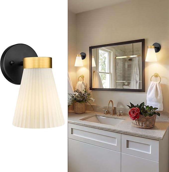 1-Light Bathroom Wall Sconce, HWH Black and Gold Wall Sconce with Frosted Milk White Striped Glass, Modern Bathroom Light Fixture for Bathroom Bedroom, 5HZG97B BK+BG