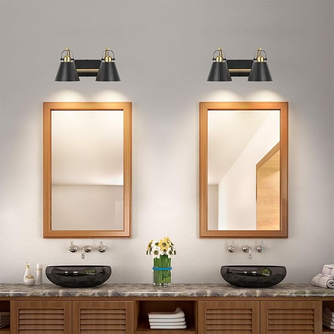 2-Lights Black and Gold Vanity Light, Farmhouse Vanity Light with Rotatable Hammered Shade, Bathroom Light Fixtures Over Mirror, Modern Wall Sconces for Bath Mirror Bedroom Living Room Stair Hallway