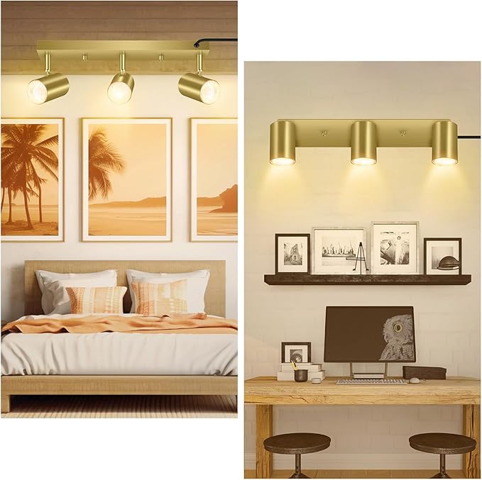 AUQUEE 3 Light Track Lighting Kit,Gold 3 Way Modern Plug in Ceiling Spotlight,Industrial LED Wall Light for Kitchen Cabinet Gallery Bar Hallway Living Room,Rocker Switch,15 Foot Cord(No Bulb)