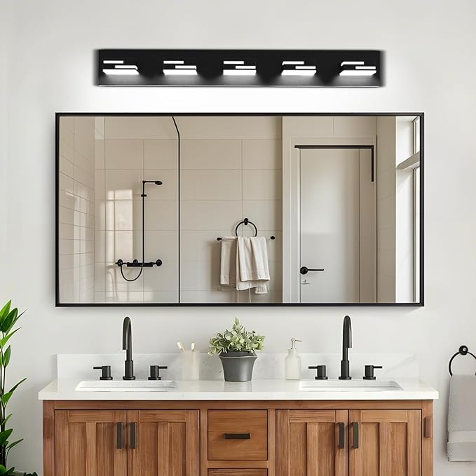 LED Modern Bathroom Vanity Light Fixtures 5-Light 34-inch 5CCT Dimmable Matte Black Vanity Lights for Bathroom Lighting Fixtures Over Mirror, with 360° Rotatable Acrylic Heads