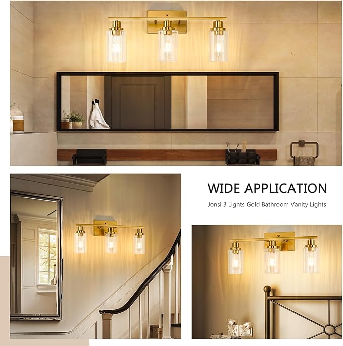 Jonsi 3 Light Brushed Gold Bathroom Vanity Lights with Fluted Glass Shade, Modern Gold Bathroom Lights Over Mirror