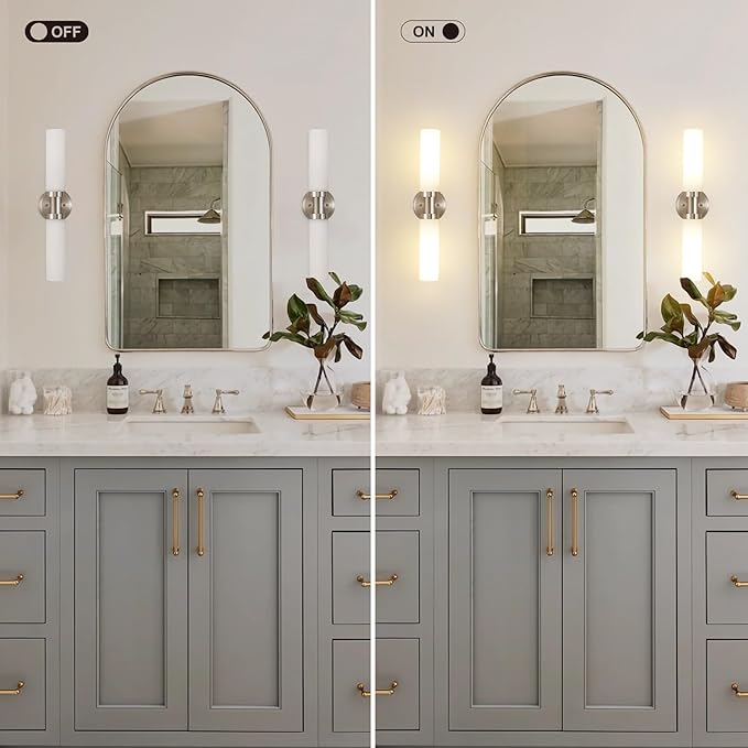 SANTOSTOCK Brushed Nickel Bathroom Light Fixtures, 2-Light Vanity Lights W/White Glass Shade, Modern Sconces Wall Lighting for Mirror Kitchen Bedroom Hallway Living Room, E26 T10 Bulbs(Excluded)