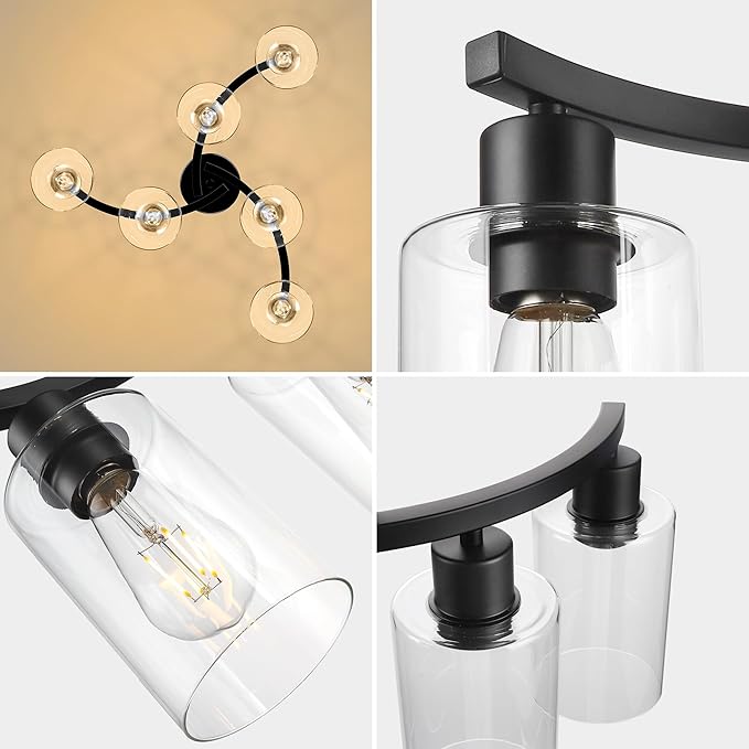 6 Light Modern Chandeliers for Dining Room,21.7" Black Hanging Light Fixture,Kitchen Pendant Lighting Over Island,Industrial Farmhouse Chandelier,Metal with Downward Clear Glass Shade