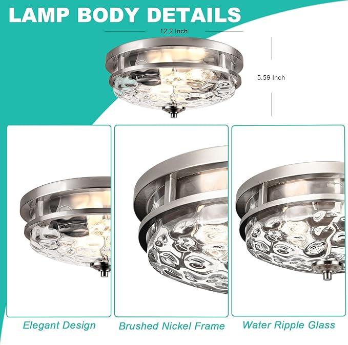 Flush Mount Ceiling Lights, 2-Light Farmhouse Close to Ceiling Light, Industrial Ceiling Lighting Fixture for Kitchen Hallway Bedroom Living Room Stairways Porch (Brushed Nickel)