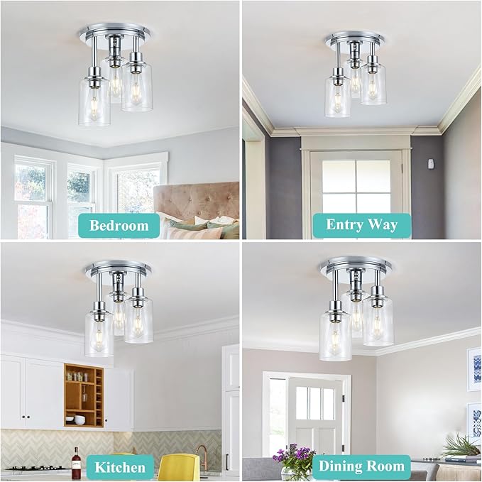 Chrome Semi Flush Mount Ceiling Light, Modern 3-Light Glass Ceiling Light Fixture, 11.2'' Ceiling Lamp for Kitchen, Bedroom, Hallway, Entryway