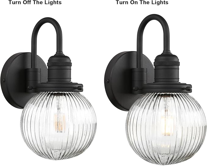 Yosoan 1-Light Brass Modern Vintage Indoor Wall Sconce, Vanity Single Luxury Hardwired Retro Textured Striped Globe Round Clear Glass Shade with Industrial Curved Rod Bathroom Lamp(Black)