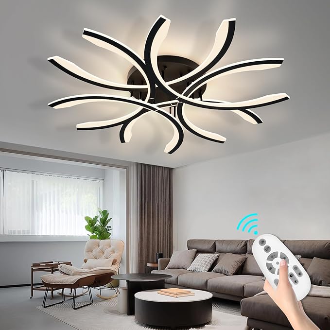Modern LED Flush Mount Ceiling Light - 12 Lights Dimmable Close-to-Ceiling Fixture with Remote Control, 144W 3000K-6500K Adjustable Color Temperature for Bedroom, Living Room (Black)