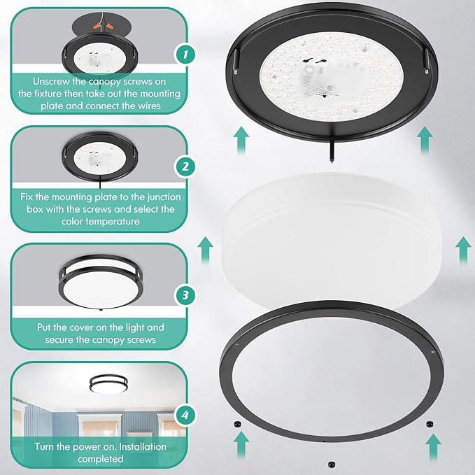 10 Inch LED Flush Mount Ceiling Light Fixture, 30W 4000LM Dimmable 2700K/3000K/4000K/5000K/6500K Color Changing Ceiling Light, Black Modern Ceiling Lamp for Living Room Bedroom Kitchen Hallway, 1-Pack