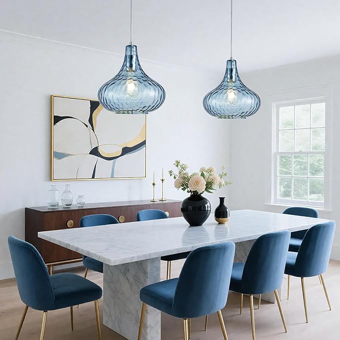 11" Blue Hammered Glass Pendant Light - Brushed Nickel Finish Industrial Ceiling Fixture with Blown Glass for Kitchen Island Dining Room Hallway Living Room