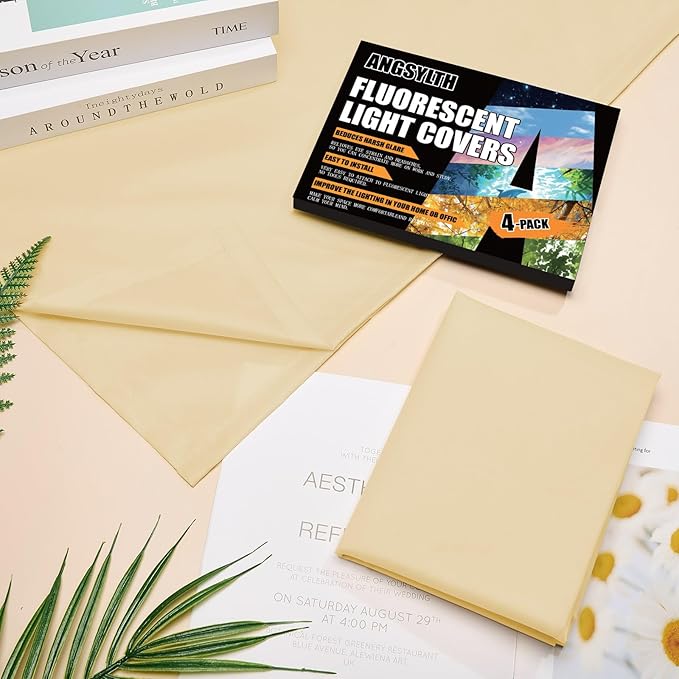 ANGSYLTH 2 x 2 Feet Fluorescent Light Covers - 4 Pcs Covers for Ceiling Lights, Magnetic Light Filters for Classroom, Office, Hospitals, Home (Warm Yellow)