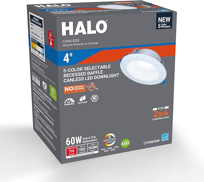 HALO LT 4 in Canless LED Recessed Light Indoor/Outdoor Dimmable Ceiling Downlight, Wet Location Rated, Selectable Color Temperature 2700K-5000K, 650 Lumens, Matte White - LTC406FS5B