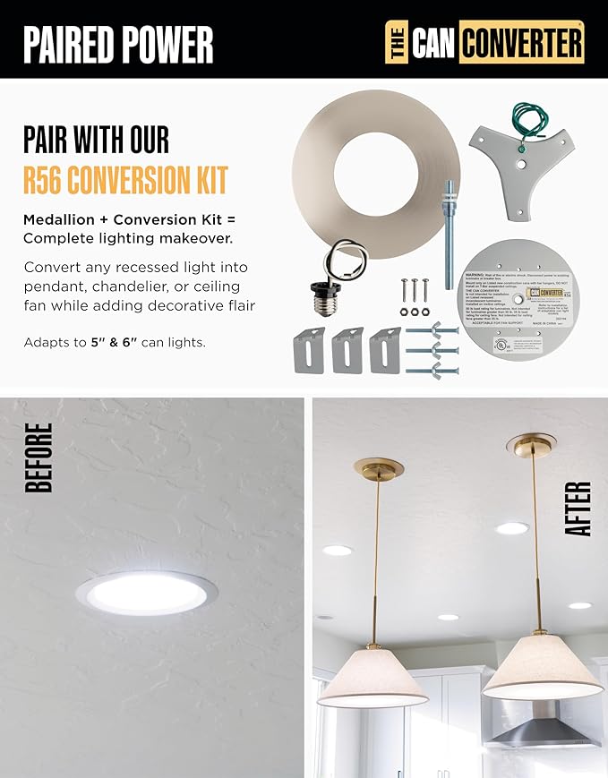 The Can Converter Ceiling Medallion for Recessed Can Light – Home Improvement Decorative Steel Flat Goof Ring & Cover Plate for 5" & 6" Cans, Small Ceiling Medallion for Chandeliers, Brushed Nickel