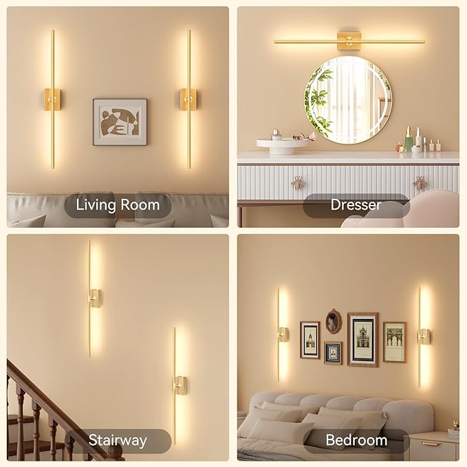 Ouyulong Battery Operated Wall Sconces Set of 2, 10000mAh Wireless Rechargeable 3000-6000K Dimmable 350° Rotate Wall Light with Remote for Living Room, Bedroom 23.6in Gold