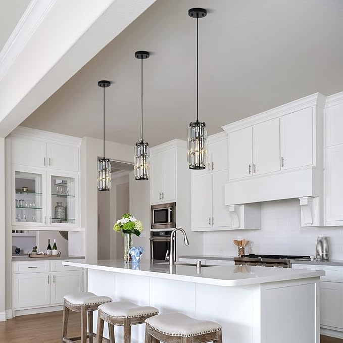 Black Pendant Lights Modern Pendant Light, Mini Crystal Pendant lamp, Adjustable Pendant lamp for Kitchen, Dining Room, Bedroom (Black Pack of 1)