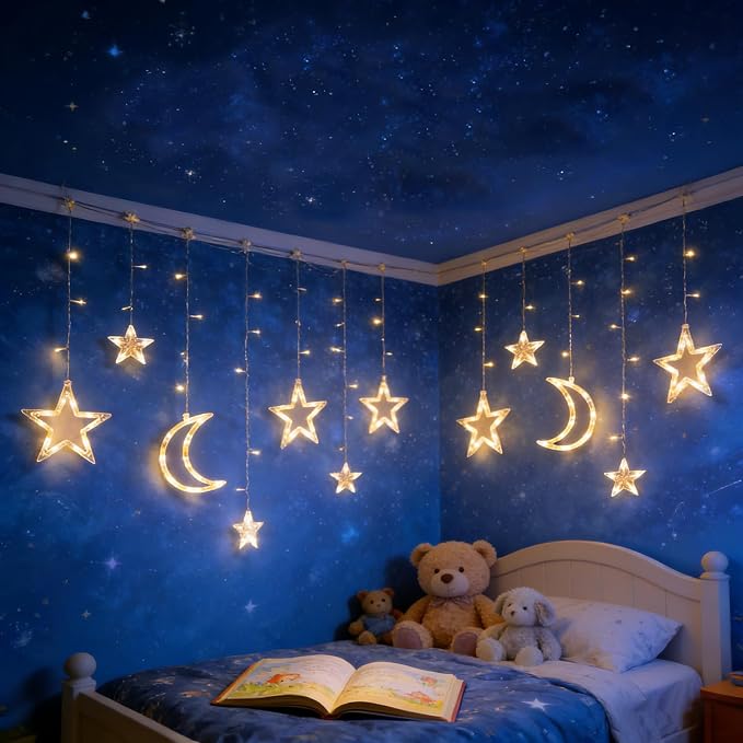 138 LED Star Moon Lights, Twinkle Christmas Curtain String Lights with 8 Modes, Battery Operated Fairy Star Moon with Hooks, Hanging Decor for Ramadan, Bedroom, Wedding, Warm White