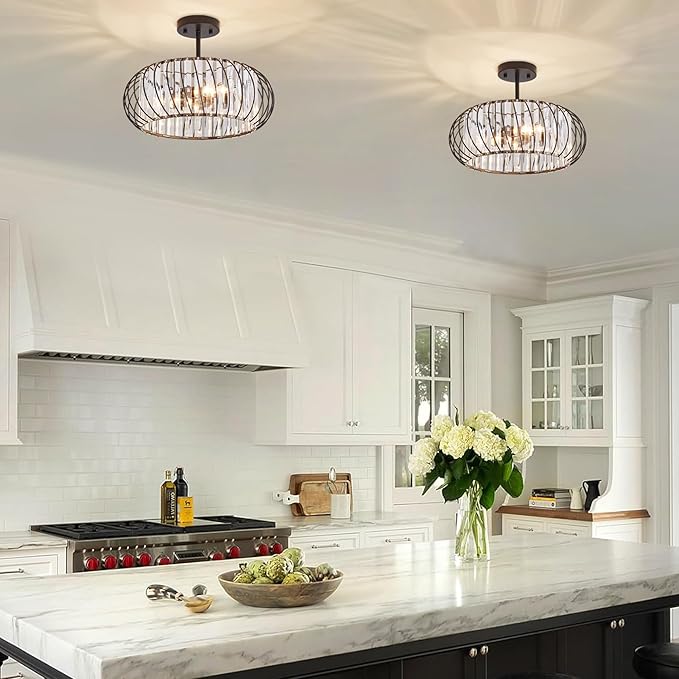 Semi Flush Mount Crystal Ceiling Light, 3-Light 16 Inch Metal Cage Hallway Ceiling Lamps, Farmhouse Ceiling Light Fixture, Industrial Crystal Chandelier for Corridor Bathroom Kitchen (E12 Base)