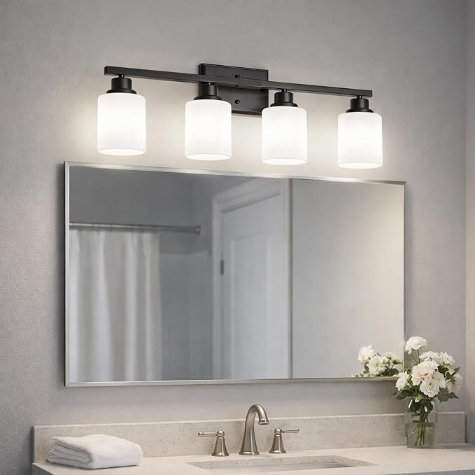 Unicozin 4-Light Bathroom Light Fixtures, Modern Black Vanity Light Over Mirror, Wall Sconces with Milky White Glass Shades for Living Room Bedroom Hallway E26 Base