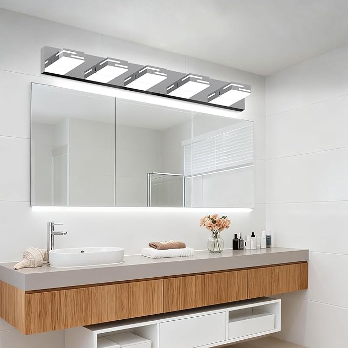 LED Modern Bathroom Vanity Light Fixtures, 5-Light 34-inch Dimmable Chrome Vanity Lights for Bathroom Lighting Fixtures Over Mirror, with 360° Rotatable Heads (Cool White 6000K)