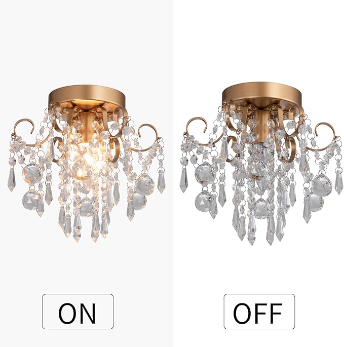 Q&S Mini Chandelier Crystal Ceiling Light,Small Flush Mount Gold Light Fixture for Entryway Bedroom Barthroom Hallway Closet E26