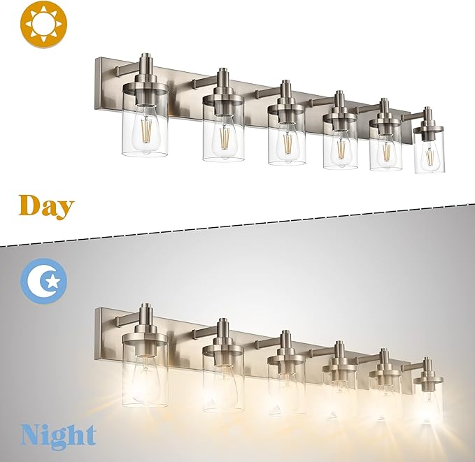 6-Light Vanity Light Fixture Modern Bathroom Light Fixtures Over Mirror, Brushed Nickel Finish with Clear Glass Wall Sconces Lighting for Bathroom Mirror Bedroom Kitchen Corridor Staircase