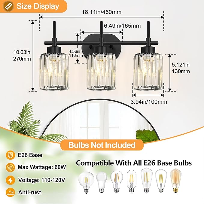 Matte Black Vanity Light, 3-Light Crystal Modern Bathroom Lighting Fixtures Over Mirror, Black Bathroom Vanity Light (Bulbs Not Included)