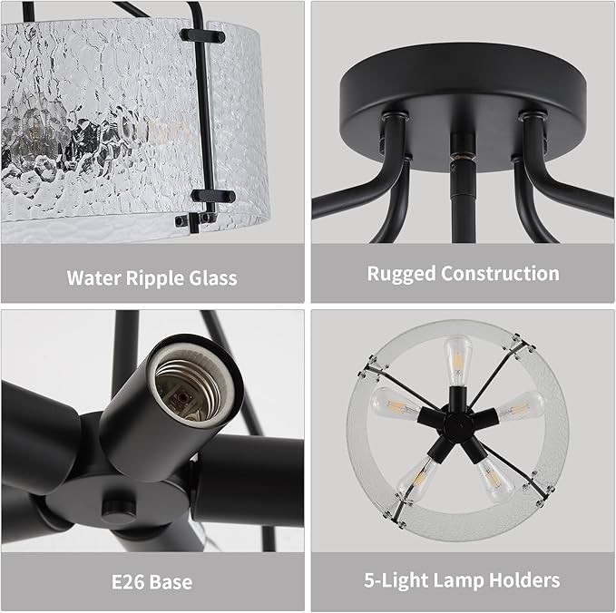 Semi Flush Mount Ceiling Light Fixture,Glass Drum Kitchen Lighting Fixtures Ceiling,18''Black Modern Light Fixture Chandelier,5-Light Foyer Lighting Fixtures for Living Room Hallway Foyer Porch