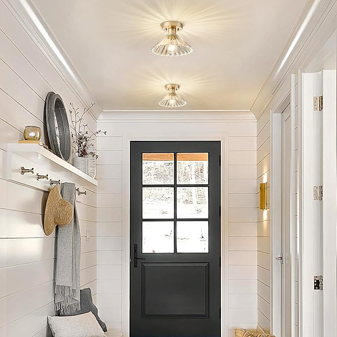 Modern Round Glass Ceiling Light, Mid-Century Lighting Fixtures, Gold Semi Flush Mount Ceiling Light for Hallway, Kitchen, Laundry Room, Bathroom, Entryway, 9.7 in