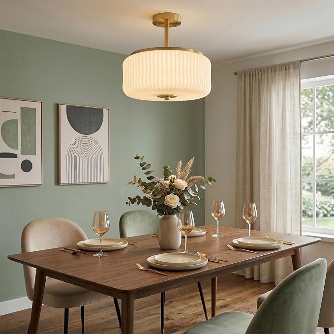 3-Light Gold Semi Flush Mount Ceiling Light, 11.8" Modern Schoolhouse Light Fixtures Ceiling Mount with Ribbed Opal Glass Shade, Anti-Glare Close to Ceiling Lamp for Bedroom Kitchen Hallway Entryway