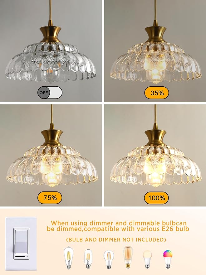 2Pack Glass Pendant Lights Kitchen Island, 11.8" Vintage Lighting Glass Light Fixtures Brushed Gold Modern Chandelier Hanging Ceiling for Dining Living Room Restaurant Bedroom Foyer
