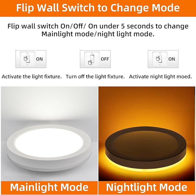 Hlite 7.5 Inch Flush Mount LED Ceiling Light with Night Light, CRI90, 15W, 1500 LM, 3000K/4000K/5000K Selectable, Flat Round LED Ceiling Light, Dimmable Bedroom Lights for Ceiling, White(2Pack)