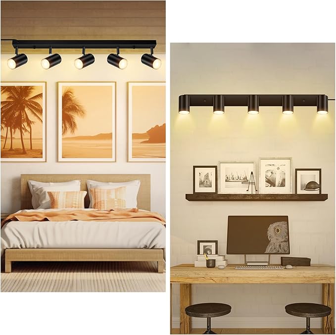 AUQUEE 5 Light Track Lighting Kit,Black 5 Way Modern Plug in Ceiling Spotlight,Industrial LED Wall Light for Kitchen Cabinet Gallery Bar Hallway Living Room,Rocker Switch,15 Foot Cord(No Bulb)