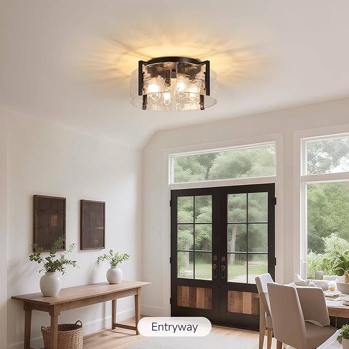 Semi Flush Mount Ceiling Light: 4 Light Drum Matte Black Ceiling Lights - Mid Century Modern Kitchen Lighting Fixtures - Vintage Hammered Glass Fixture for Entryway Farmhouse Bedroom Hallway Foyer