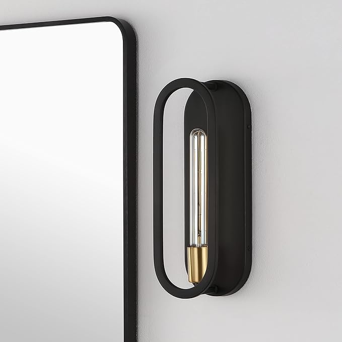 JONATHAN Y 4.75" Black/Brass Gold LED Wall Sconce, 1-Light Mid-Century Lamp for Bathroom Vanity, Bedroom, Hallway, Dimmable Bohemian Metal Fixture, LED Bulb Included (JYL9917B)