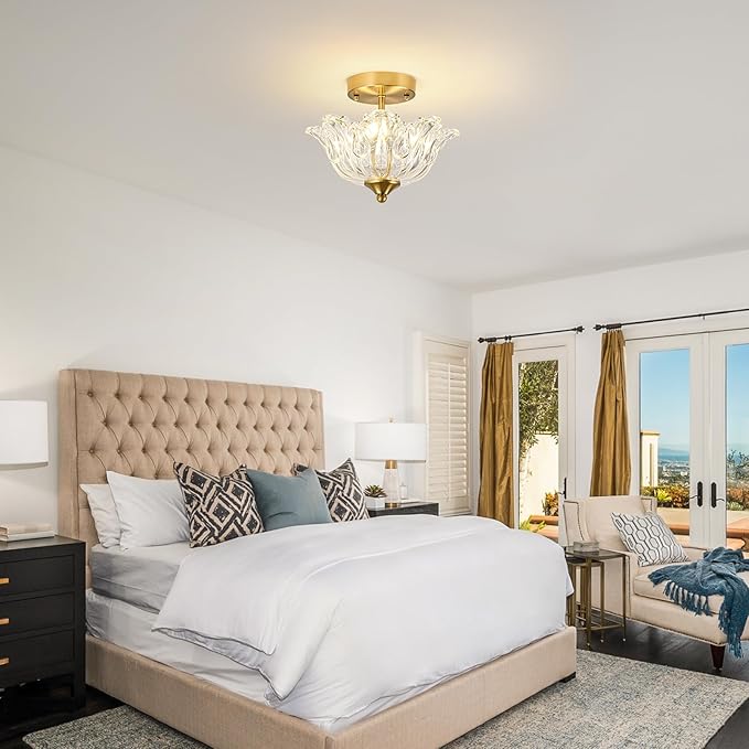 Semi Flush Mount Ceiling Light, Gold Vintage Light fixtures with Floral Clear Glass Shade, Modern Close-to-Ceiling Lighting for Bedroom Kitchen Living Room Hallway