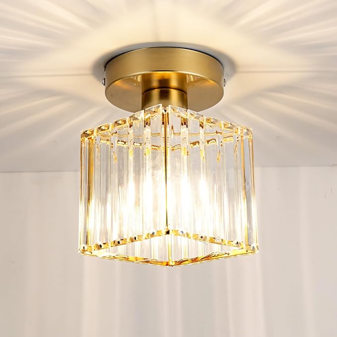 Crystal Ceiling Light Fixture, Modern Semi Flush Mount Ceiling Light with Remote Control, Cube Gold Flush Mount Chandelier for Entryway Kitchen Bedroom Living Room Entryway (Bulb Included)