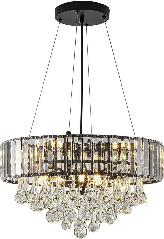 HOPGGIE 17 Inch Crystal Chandeliers Flush Mount Chandelier G9 Base Round Modern Ceiling Light Fixture Pendant Lighting for Living Room Dining Room Laundry Room Kitchen Bedroom (Black)