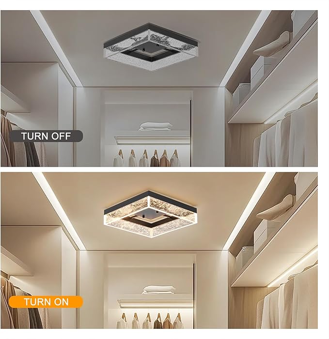 Qcyuui LED Flush Mount Ceiling Light, 11.81in 20W Modern Ceiling Light with Clear Bubble Acrylic,Square LED Ceiling Lamp for Kitchen Hallway Closet Living Room Bedroom, Black, 3000K Dimmable