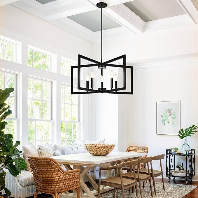 25" Modern Matte Black Chandelier for Dining Room, No Assembly Required Black Dining Room Light Fixture Over Table, Industrial Metal Hanging Pendant Lights Fixture for Kitchen Island, Entryway, Foyer