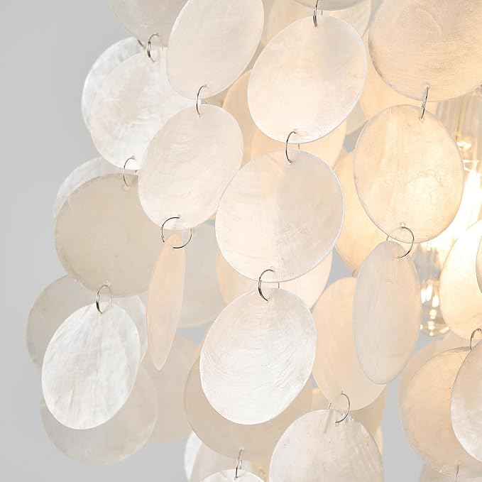 White Shell Pendant Lights, Brushed Brass Coastal Seashell Chandelier Metal 2 Tiers Ceiling Hanging Light Fixture for Kitchen Island Dining Room Entryway Bedroom Foyer, E26 Socket