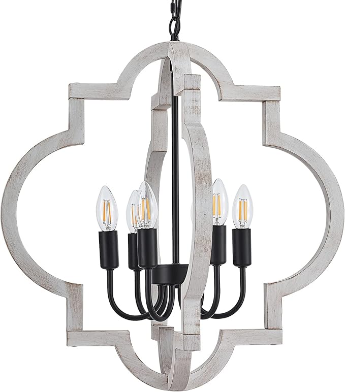 6-Light 21" Farmhouse Orb Chandelier Rustic Handmade Distressed White Wood Hanging Ceiling Pendant Light Fixture Wood Lantern Chandeliers for Dining Room Kitchen Bedroom Foyer Hallway