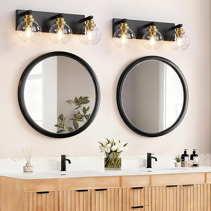 3-Light Bathroom Vanity Light Fixture Over Mirror, Bathroom Light Fixutre Matte Black & Gold Finish with Globle Clear Glass E26 Base Bulbs Not Included for Bathroom, Hallway, Bedroom, Living room