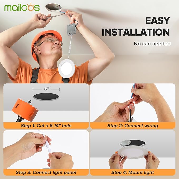 MAILCOS 12 Pack 4 Inch 5CCT LED Recessed Ceiling Light with Night Light, 2700K-5000K Selectable, Ultra-Thin Lighting, 9W 810LM, Dimmable Canless Wafer Downlight ETL Certificated